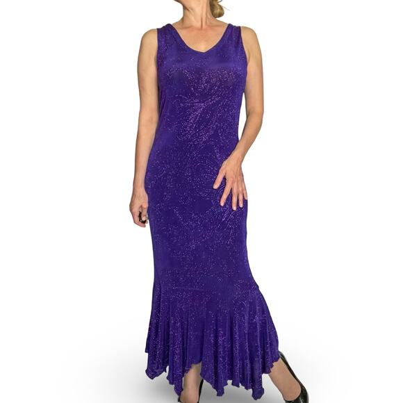90s Vintage Purple Glitter Mermaid Gown Floor-Length Dress M - Picture 8 of 10